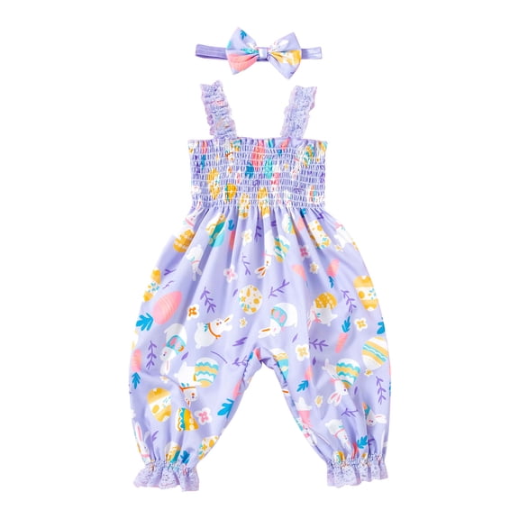 Odeerbi 3-24 Months Infant Girls Summer Easter Rompers Ruffle Satin Jumpsuit Leisure Lantern Overall Pants Haren Pants with Headband Set