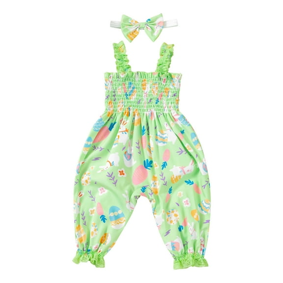 Odeerbi 3-24 Months Toddler Girls Summer Easter Rompers Ruffle Satin Jumpsuit Leisure Lantern Overall Pants Haren Pants with Headband Set