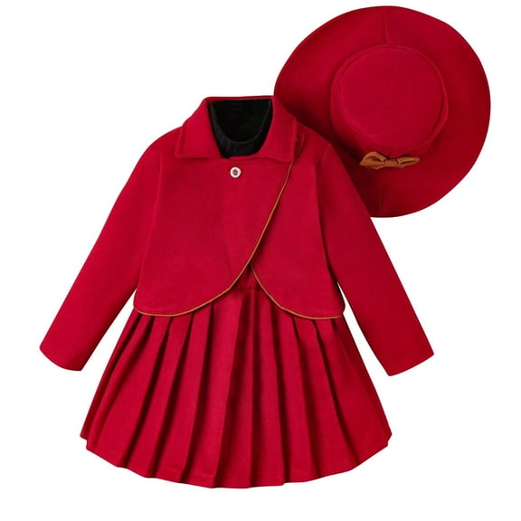 Odeerbi 3-7 Years Kids Girls Cotton Outfits Long Sleeve Jacket Pleated Skirt with Bucket Hat Three-piece Set Solid Color Skirt Set Kids Girls Clothes