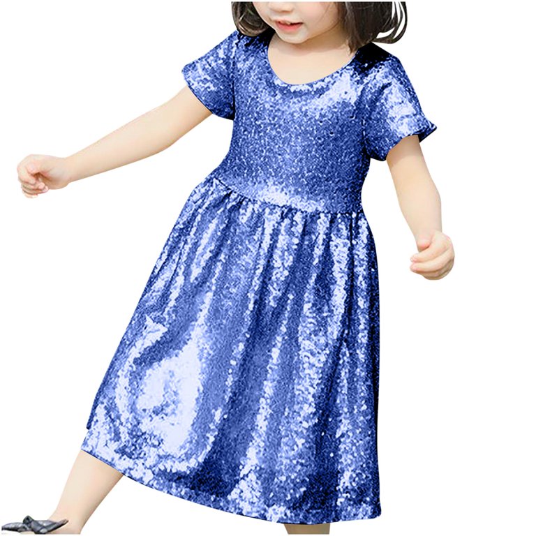 Odeerbi 3-8 Year Kids Girls Summer Sparkly Sequin Dress Cute Party Birthday Dresses Fashion Solid Color Zipper Short Sleeve Dress Kids Girls Clothes