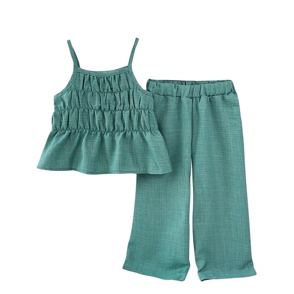 Odeerbi 3-8 Years Kids Girls Summer Outfits Cotton Ruffle Camisole Tops Wide Leg Pants Two-piece Set Solid Color Sleeveless Top Elastic Waist Pants Set Kids Girls Clothes