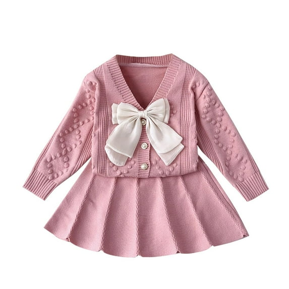 Odeerbi 3-8 Years Kids Girls Winter Outfits Long Sleeve Cardigan Sweater with Pleated Skirt Two-piece Set Bow Tie Knitted Short Skirt Set Kids Girls Clothes