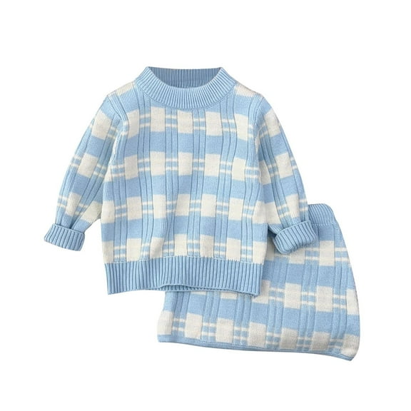 Odeerbi 3-8 Years Kids Girls Winter Outfits Plaid Long Sleeve Sweater with Bodycon Skirt Two-piece Set Bow Tie Knitted Short Skirt Set Kids Girls Clothes