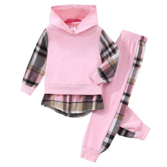 Odeerbi 3-8 Years Toddler Girls Outfits Plaid Twofer Hoodies Sweatpants Two-piece Set Casual Long Sleeve Hooded Sweatshirts Toddler Girls Clothes