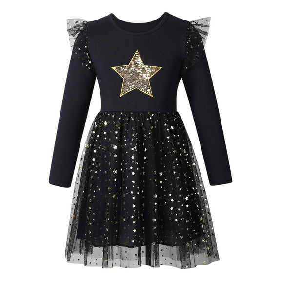 Odeerbi 3-8 Years Toddler Girls Sequin Tulle Dresses Long Sleeve Embroidered Mesh Splicing Lace Dress Cute Star Ruffle Sleeve Cotton Dress Toddler Girls Clothes