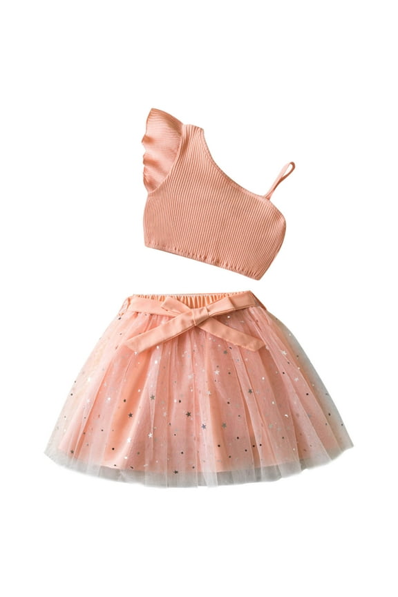 3-8 Years Toddler Girls Summer Outfits Rib Knit One Shoulder Cropped Tops with Sparkly Tulle Skirt Two-piece Set Ruffled Lace Bow Princess Skirt Toddler Girls Clothes