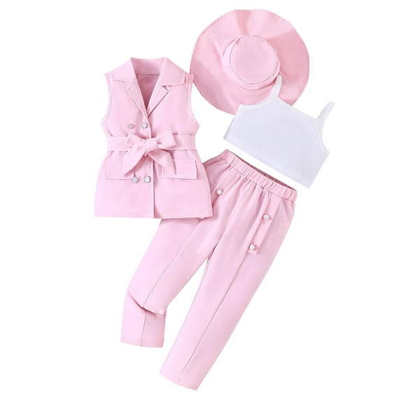 Odeerbi 3-9 Years Kids Girls Summer Suits Cotton Camisole Tops Dress Pants Sleeveless Blazer Jacket Sun Hat Outfits Solid Color Four Pieces Suit Set Kids Girls Clothes