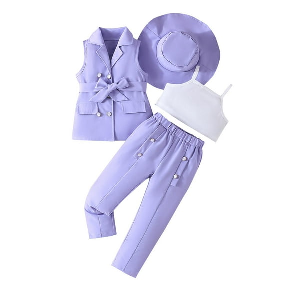 Odeerbi 3-9 Years Toddler Girls Summer Suits Cotton Camisole Tops Dress Pants Sleeveless Blazer Jacket Sun Hat Outfits Solid Color Four Pieces Suit Set Toddler Girls Clothes