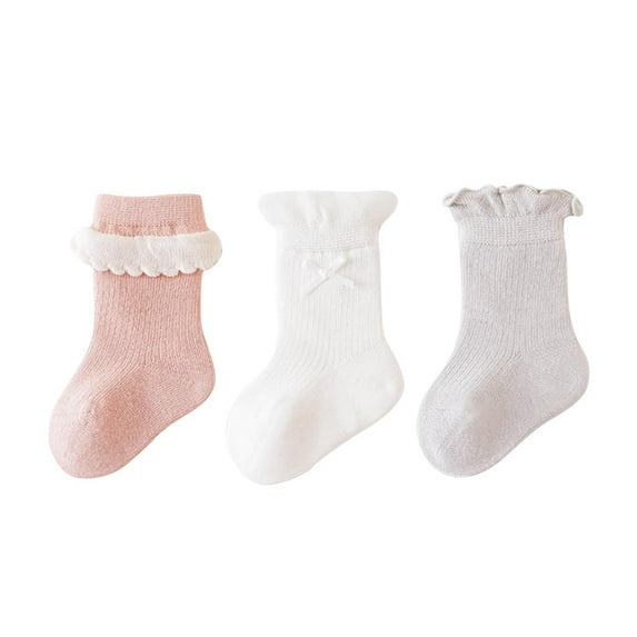 Odeerbi 3 PCS Ruffle Socks for Toddler Boys Girls Cotton Crew Socks Children's Solid Color Socks Newborn Lace Socks Baby Socks