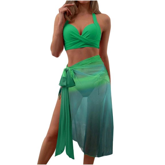 Odeerbi 3 Piece Swimsuits for Women Bikini with Sarong Coverups Fashion Matching Multi-color Printed Swimwear Tight Gathering Split Beachwear Set Green
