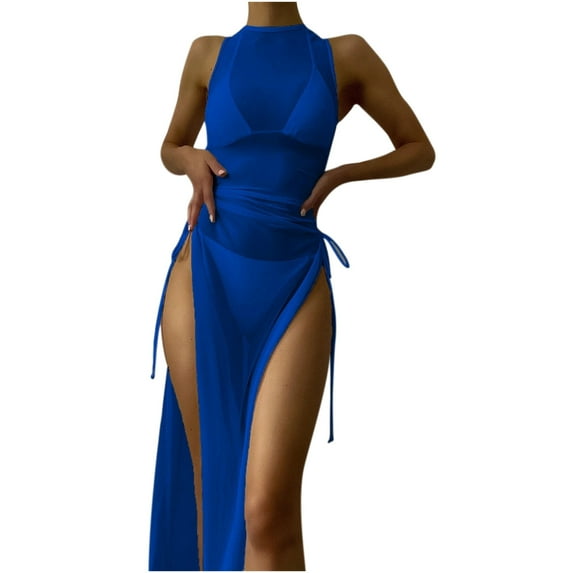 Odeerbi 3 Piece Swimsuits for Women 2024 Fashion Solid Color Lacing Split Bikini Erogenous Swimsuit Mesh Smock Suit Light Blue