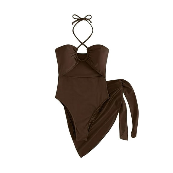 Odeerbi 3 Piece Swimsuits for Women 2025 Solid Bikini Strap Bikini Deep V Erogenous Split Swimsuit Set Swimming Suit Coffee