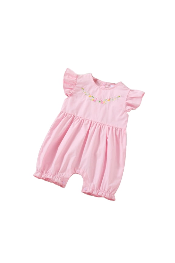 3M-12M Infant Boys Girls Cotton Jumpsuit Soft Summer Rompers Short Sleeve Ruffled Embroidered Floral Crawl Suit Ruffled Fly Sleeve Bodysuit Baby Clothes Pink