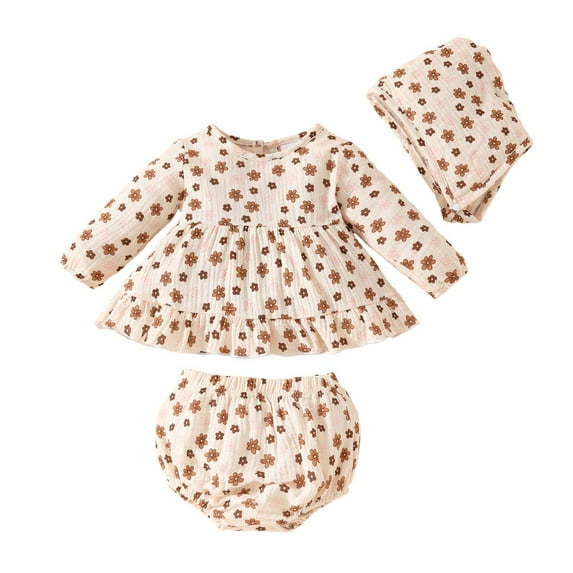 Odeerbi 3M-2Y Infant Girls Layette Set Cotton Long Sleeve Dress with Bloomers Diaper Cover and Hat Three-piece Outfits Flower Print Dress Set Infant Girls Clothes
