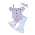 thumbnail image 1 of Odeerbi 3M-2Y Toddler Girls Summer Outfits Layette Set Bow Rib Knit Bodysuit Plaid Flared Pants with Headband Three-piece Set Jumpsuit Printed Trousers Set Toddler Girls Clothes, 1 of 5