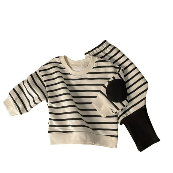 Odeerbi 3M-3Y Infant Boys Girls Outfits Cotton Sweatsuits Striped Crewneck Sweatshirts Sweatpants Two-piece Set Long Sleeve Round Neck T-shirt Haren Pants Set Infant Boys Girls Clothes