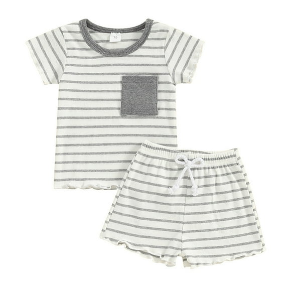 Odeerbi 3M-3Y Infant Boys Girls Summer Outfits Striped Cotton Short Sleeve T-Shirt Shorts Two-piece Set Casual Loungewear Infant Boys Girls Clothes