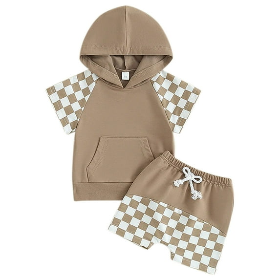 Odeerbi 3M-3Y Infant Boys Summer Outfits Plaid Short Sleeve Hoodies Shorts Two-piece Set Hooded Tops Checkerboard Colorblock Casual Loungewear Infant Boys Clothes