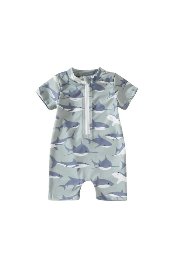3M-3Y Toddler Boys One Piece Rash Guard Swimsuit Summer Beach Hawaiian Surfing Beachwear Bathing Suit Cute Printed Short Sleeve Half Zip Swim Jumpsuit
