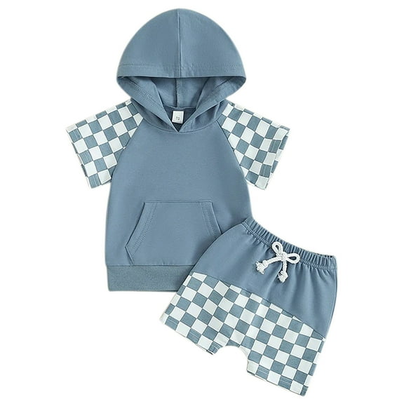 Odeerbi 3M-3Y Toddler Boys Summer Outfits Plaid Short Sleeve Hoodies Shorts Two-piece Set Hooded Tops Checkerboard Colorblock Casual Loungewear Toddler Boys Clothes