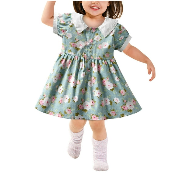 Odeerbi 3M-4Y Toddler Girls Cute Princess Dresses Cotton Dress Kids Summer Retro Print Puff Sleeve Floral Dress Baby Clothes Green