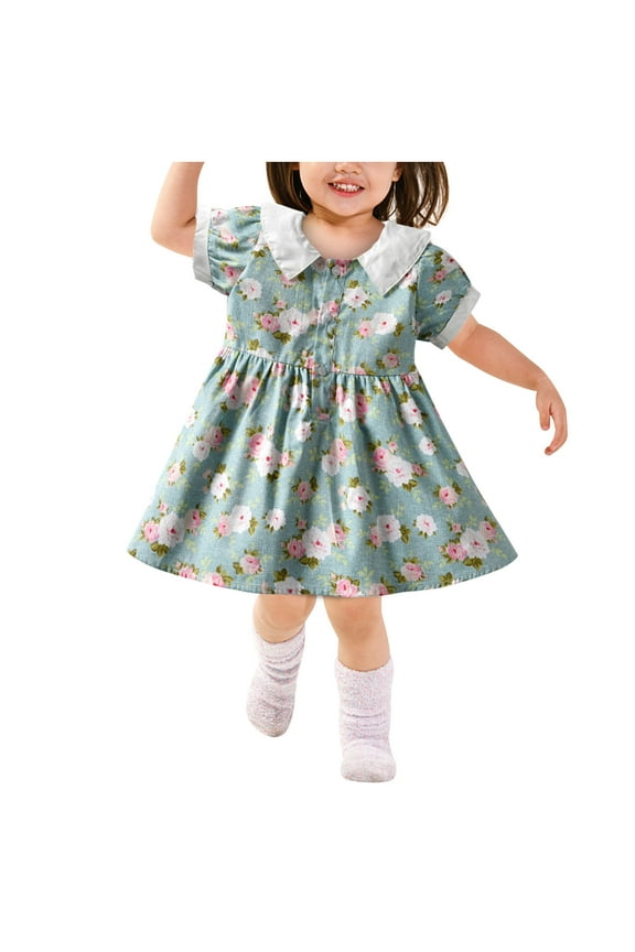 3M-4Y Toddler Girls Cute Princess Dresses Cotton Dress Kids Summer Retro Print Puff Sleeve Floral Dress Baby Clothes Green