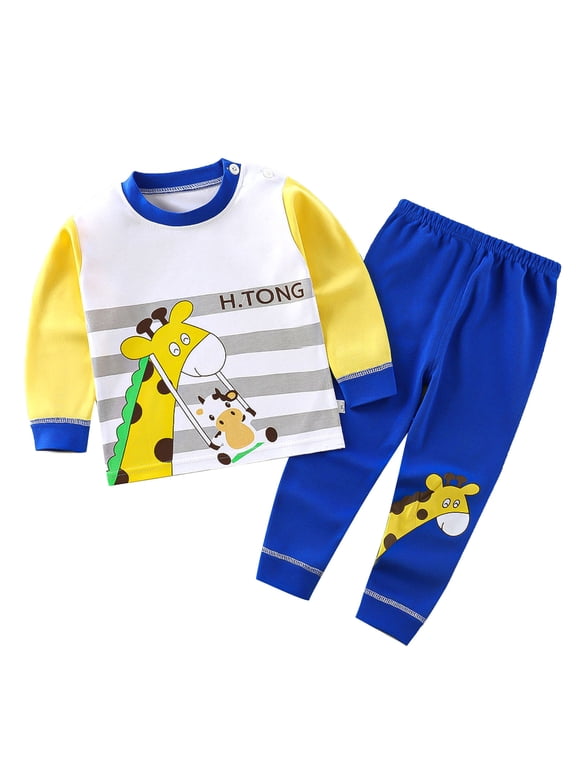 3M-5Y Newborn Boys Girls Cotton Pajama Set Cute Soft Pajamas Toddler Kids Winter Solid Color Stripe Giraffe Print Long Sleeved Home Wear Clothes Suit Baby Clothes Dark Blue