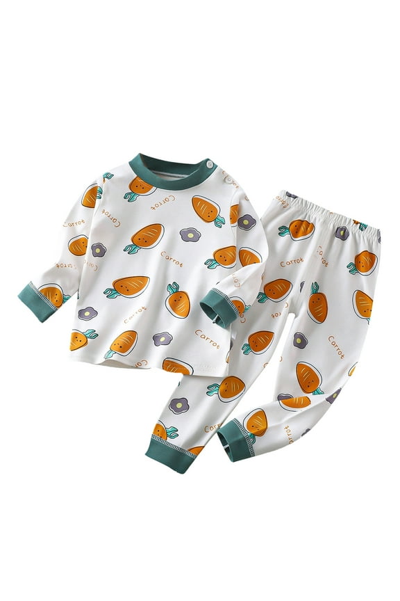 3M-5Y Toddler Boys Girls Cotton Pajama Set Cute Soft Pajamas Kids Winter Solid Color Carrot Print Long Sleeved Home Wear Clothes Suit Baby Clothes White