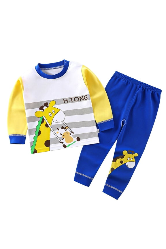3M-5Y Toddler Boys Girls Cotton Pajama Set Cute Soft Pajamas Kids Winter Solid Color Stripe Giraffe Print Long Sleeved Home Wear Clothes Suit Baby Clothes Dark Blue