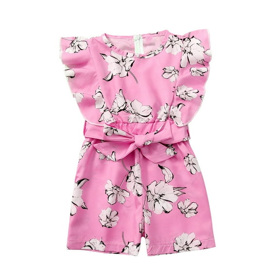 Odeerbi 3M-6Y Toddler Girls Summer Rompers Ruffle Floral Jumpsuit Short Sleeve Suspender Overall Shorts with Waistband