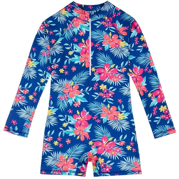 Odeerbi 4-12 Years Kids Girls Long Sleeve Rash Guard Swimsuits Summer Beach One Piece Athletic Training Swimsuit Hawaiian Floral Surfing Swimwear Bathing Suit