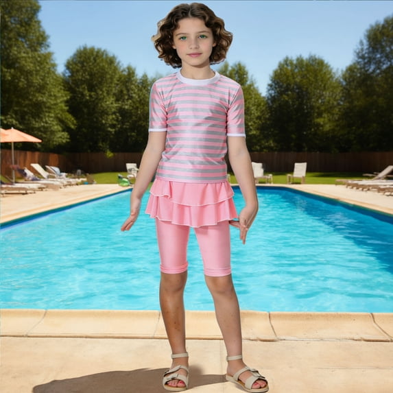 Odeerbi 4-12 Years Toddler Kids Girls 2-Piece Short Sleeve Rash Guard Set Striped UPF 50+ Quick Dry Swimsuit + Swim Leggings with Skirt