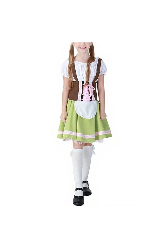 4-12 Years Toddler Kids Girls Bavarian Dirndl Dress Oktoberfest Lace Up Beer Festival Dress for Stage Performance Party
