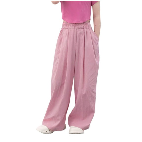 Odeerbi 4-13 Years Teen Girls Summer Ice Silk Wide Leg Pants Loose Breathable Elastic Waist Pants