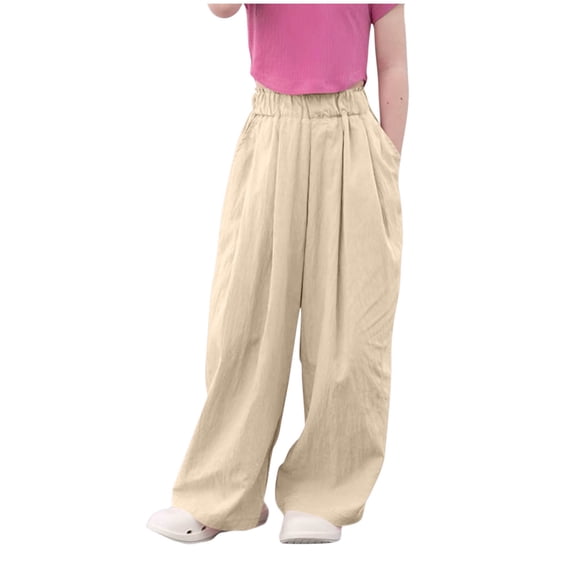 Odeerbi 4-13 Years Teen Girls Summer Ice Silk Wide Leg Pants Loose Breathable Elastic Waist Pants