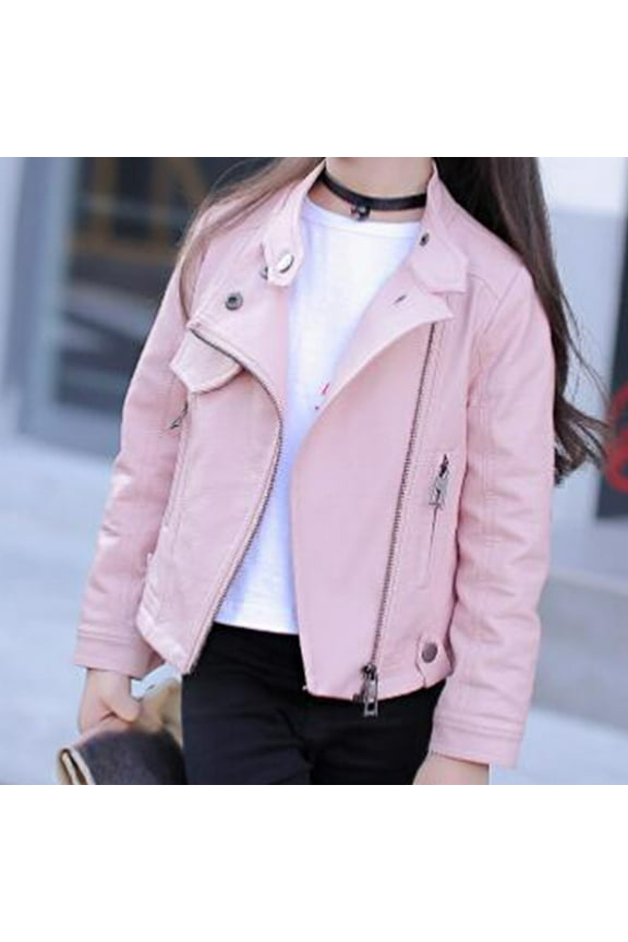 4-13Y Kids Girls Leather Jacket Winter Coat Spring And Fall Lapel Leather Zipper Long-sleeved Jacket Baby Clothes Pink