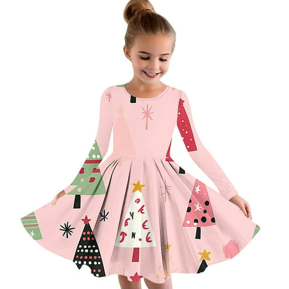 Odeerbi 4-14 Years Kids Girls Christmas Skater Dress Spring Fall Long Sleeve Swing Dress Children Round Neck Cute Princess Dresses Kids Girls Clothes