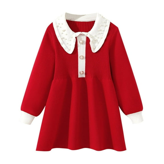 Odeerbi 4-14 Years Toddler Girls Cotton Sweater Dress Peter Pan Collar Long Sleeve Dress Winter Toddler Girls Clothes