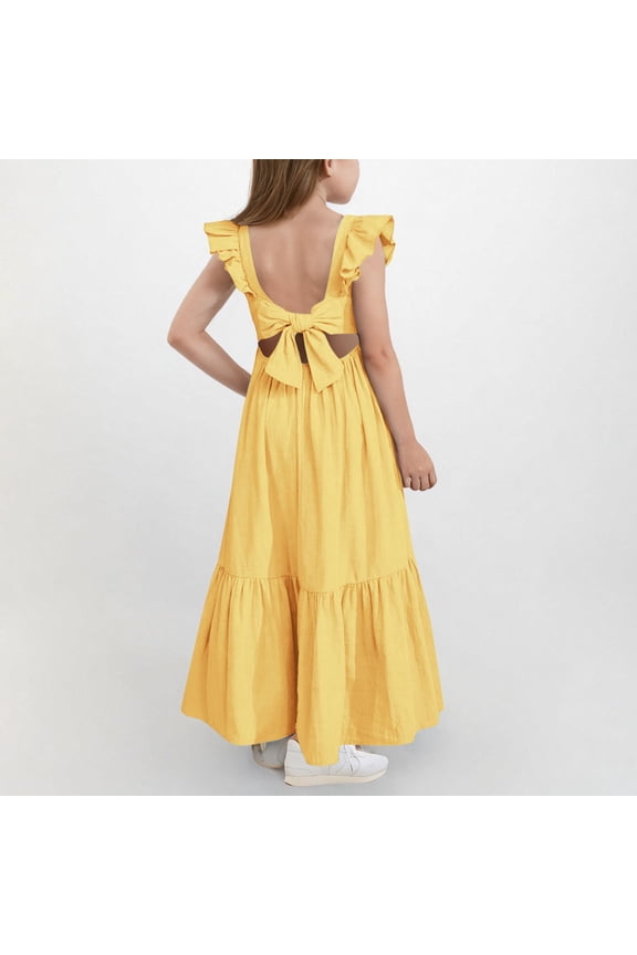 4-15 Years Child Teen Girls Summer Cotton Linen Maxi Dress with Back Bow Square Neck Ruffle Tiered A-Line Dress for Party Beach Vacation