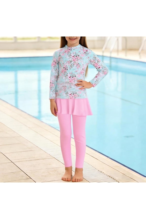 4-16 Years Kids Teen Girls 2-Piece Long Sleeve Rash Guard Set Hawaiian Floral UPF 50+ Quick Dry Surfing Swimsuit with Boyshorts