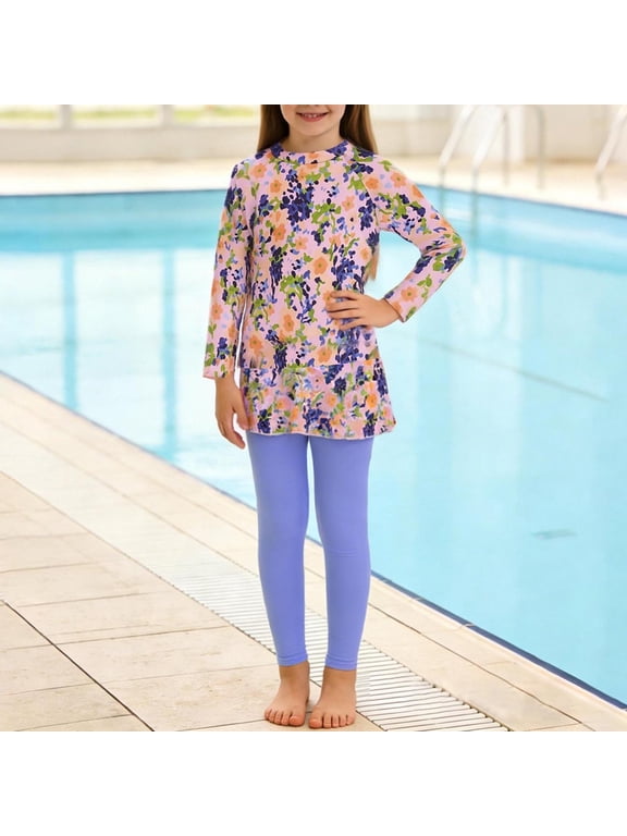 4-16 Years Kids Teen Girls 2-Piece Long Sleeve Rash Guard Set Hawaiian Floral UPF 50+ Quick Dry Surfing Swimsuit with Boyshorts