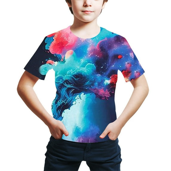 Odeerbi 4-16Y Kids Boys Galaxy Print Cotton T-Shirt Fashion Children's Colorful Digital Printing Shirts Summer Loose Short Sleeve Tops Light Blue