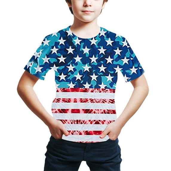 Odeerbi 4-16Y Kids Boys Independence Day Cotton T-Shirt Fashion Children's Colorful Digital Printing Shirts Summer Loose Short Sleeve Tops Blue