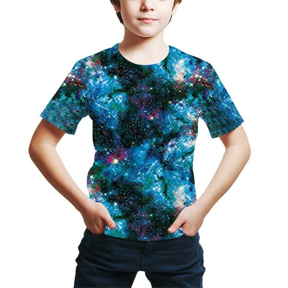 Odeerbi 4-16Y Teen Boys Galaxy Print Cotton T-Shirt Fashion Children's Colorful Digital Printing Shirts Summer Loose Short Sleeve Tops Dark Blue