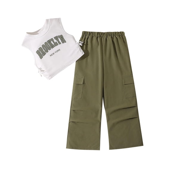 Odeerbi 4-7 Years Kids Girls Summer Outfits Cotton Tank Tops Wide Leg Cargo Pants Two-piece Set Round Neck Top Casual Pants Set Kids Girls Clothes