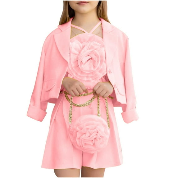 Odeerbi 4-7 Years Kids Girls Summer Suits Cotton Flower Tops Suit Shorts Blazer Jacket Outfits Solid Color Notched Lapel Suit Jacket Three Piece Set Kids Girls Clothes