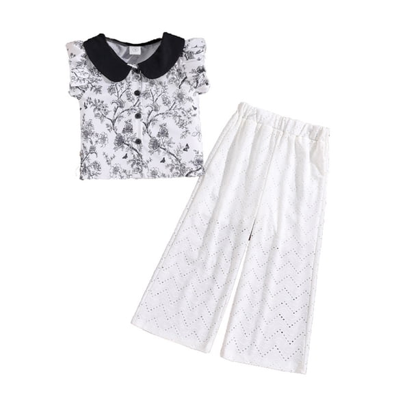 Odeerbi 4-7 Years Toddler Girls Summer Cotton Outfits Floral Peter Pan Collar Tank Tops Wide Leg Pants Two-piece Set Round Neck Top Casual Pants Set Toddler Girls Clothes