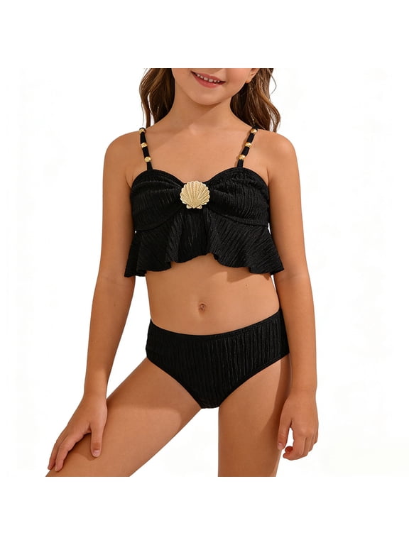 4-7 Years Toddler Kids Girls 2-Piece Bikini Set Summer Beach Shell Decoration Swimsuit Cute Ruffle Bathing Suit
