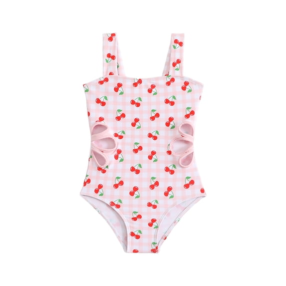 Odeerbi 4-7 Years Toddler Kids Girls Flower Cutout One-Piece Swimsuit Cherry Print Quick Dry Beach Swimwear Summer Bathing Suit