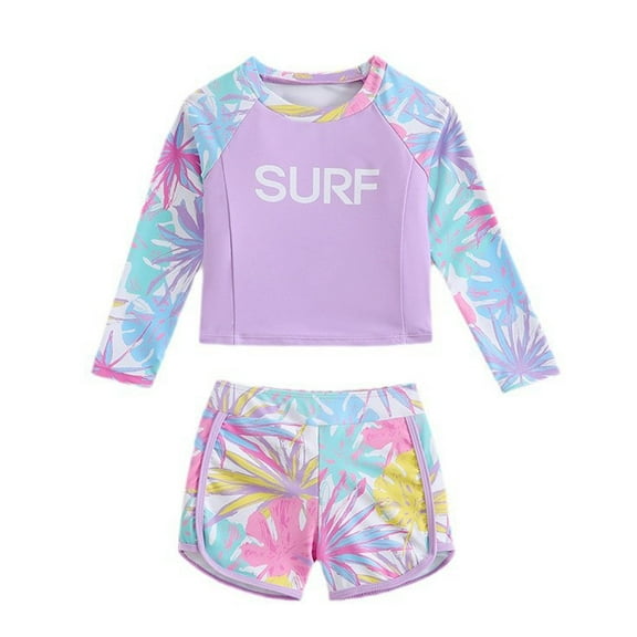 Odeerbi 4-8 Years Kids Girls Long Sleeve Rash Guard Swimsuits Summer Beach Two Pieces Athletic Training Swimsuit Hawaiian Surfing Swimwear Swim Trunks Bathing Suit Set